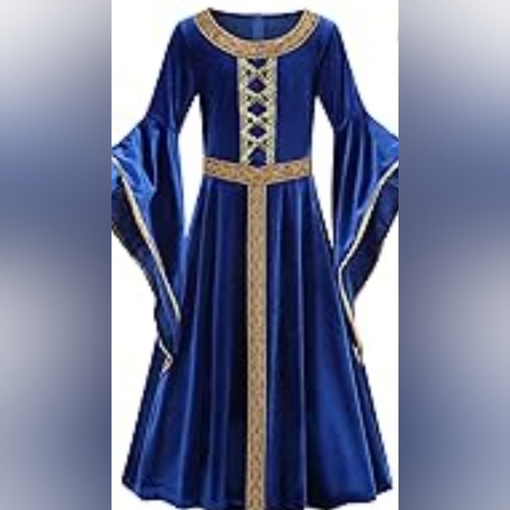 Blue Velvet Medieval Princess Costume with Gold Trim